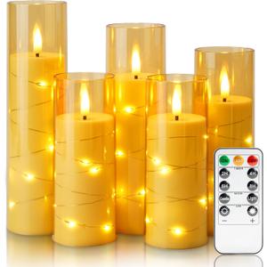 Homemory Flameless LED Candle with Embedded Star String Lights, Fake Candles with Remote Control & Timer, Battery Operated Candles, Amber, Set of 5 (5pcs, D2.2"x H5"5"6"7"8")