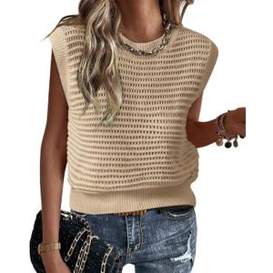 Womens Tank Tops Summer Crew Neck Knit Brown Sweater Vest Tunic Sleeveless Pullover Top Khaki XXL