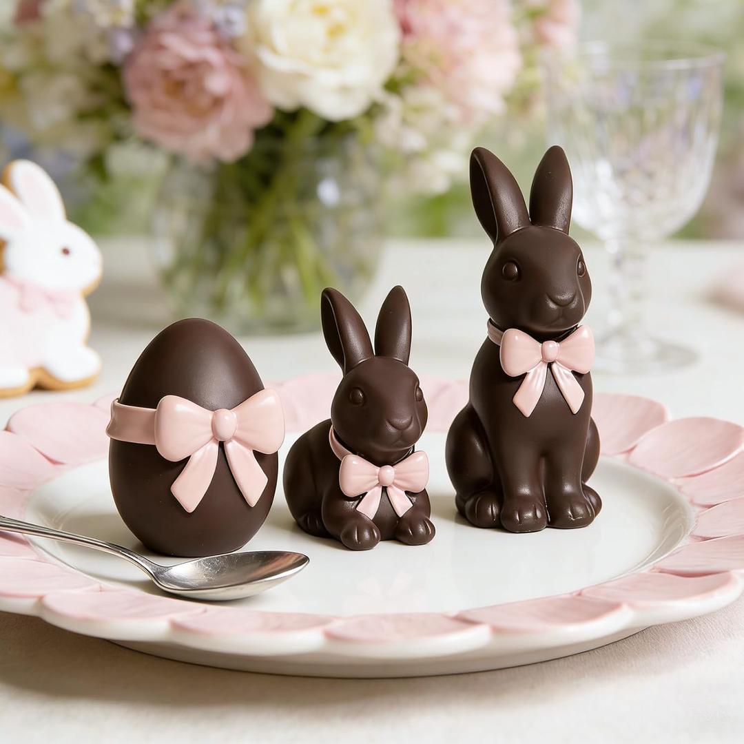 DN DECONATION Easter Decorations Bunny & Egg Figurines Set with Bow, Rabbit Egg Statues for Brown Easter Spring Decor & Farmhouse Home Decor, Resin Tabletop Sculptures for Shelf Mantel Coffee Table (Brown and Pink)
