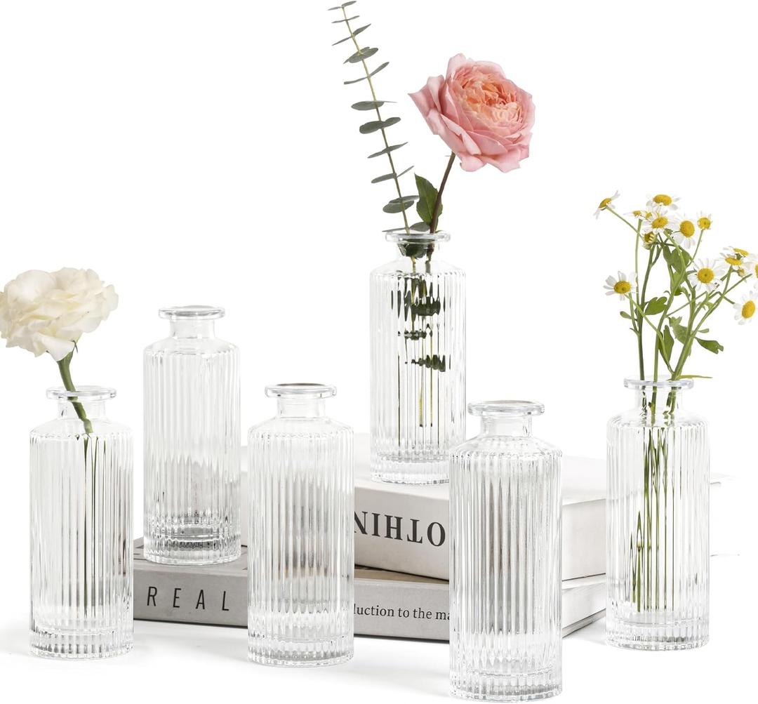 ComSaf Small Vases for Flowers Mini Clear Glass Bud Vases in Bulk, 5.2 inch Tall Mini Flower Vase, Vases for Centerpiece, Ribbed Vase, Wedding Table Ceterpiece, Home Decor, Housewarming Gift (Clear)