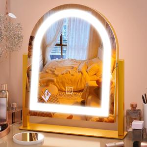 FENNIO Large Vanity Mirror with Lights - 15.5"x13" LED Lighted Makeup Mirror with Lights, 10X Magnification, Touch Screen with 3-Color Lighting, Dimmable, for Vanity Desk Tabletop, BedroomGold
