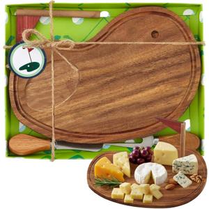 Golf Cheese Board Gift Set Party Favor Prizes Charcuterie Wood Board with Knives and Box Father Day Gift for Dad Grandpa Party Tournament Game(9.8" x 7.7", Acacia Color)