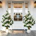 2 Pcs Artificial Camellia Tree, 38" Artificial Tree Plants Outdoor Faux Plants in Pot, Artificial Flower for Outdoors Front Porch Decor, Greenery Faux Fake Tree Plant for Indoor Outdoor Home Decor