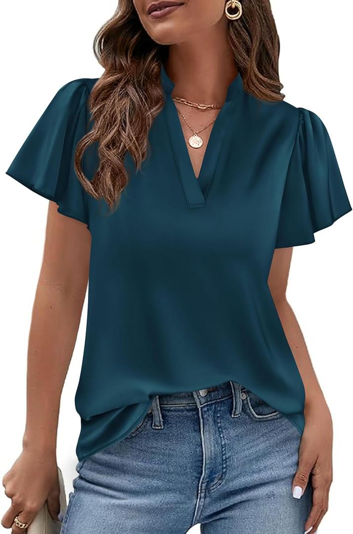 PRETTYGARDEN Women's 2026 Summer Satin Blouses Dressy Casual Ruffle Cap Sleeve V Neck Business Work Cute Tops Spring Outfits (Dark Blue)