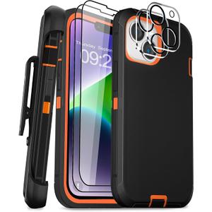 for iPhone 14 Case 6.1" Belt-Clip Kickstand with 2 Screen Protector & 2 Camera Lens Protector, Full Body Protection Heavy Duty Case Cover (Black Orange+Clip)