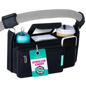 Swanoo Stroller Caddy Organizer With Cup Holder, Non Slip Straps Bag for Phone, Pet Stroller Accessories, Universal Fits Uppababby Vista v2 Wonderfold Wagon, Doona and More (Black)