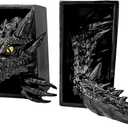 Dragon Bookshelf Decor Gothic Fantasy Bookends Black Animal Statues for Shelves Book Lovers Gifts Unique Resin Shelf Holder Set (10"*6.1"*4.9") Home Office Decorative