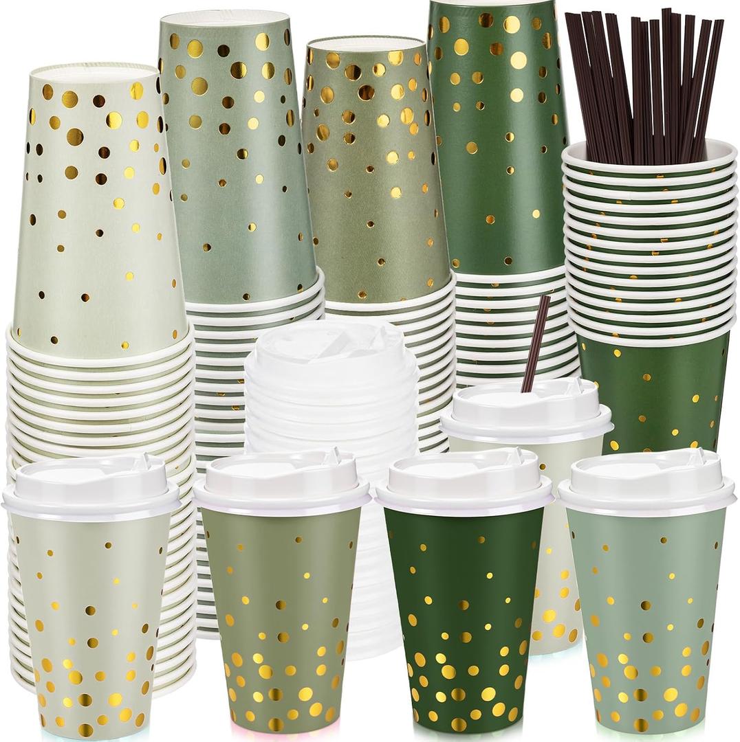 Jingmore 100 Set 12oz Green Gold Dot Paper Cup Sparkly Gold Foil Disposable Cups with Lids and Straws Green Gradient Cup for Hot Cold Coffee Juice for Wedding Bride Shower Party Supplies
