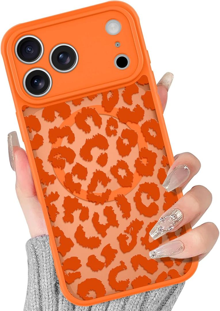 BITOBE Magnetic Case for iPhone 17 Pro Max [Compatible with MagSafe] Cute Leopard Pattern Case for Women Girls Soft TPU Bumper Translucent Orange Slim Protective Cover