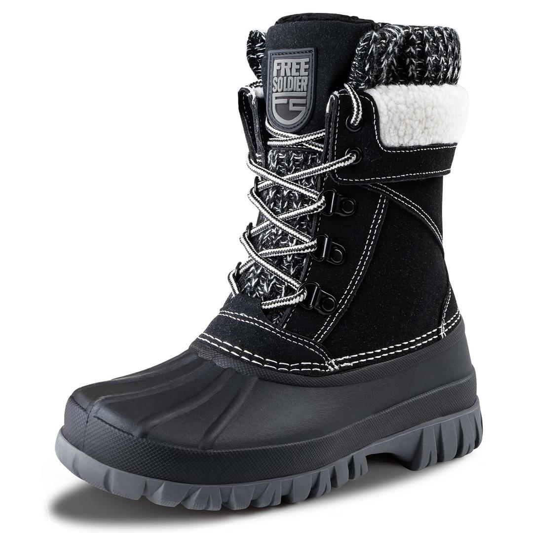 FREE SOLDIER Women's Waterproof Winter Cold Weather Snow Boots for Women Outdoor Fashion Duck Boots Comfortable Insulated(Black, Size 10) 
