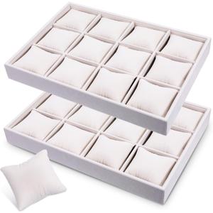AHQiZFX 2 Pieces Elegant Velvet Watch Tray, 12 Grid Stackable Jewelry Organizer, Adjustable Watch Bracelet Bangle Display Holder, Stylish and Organized Multifunctional Tray (Beige)
