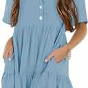 Tymidy Girls Casual Dress Summer Button V Neck Short Sleeve Ruffle Hem Flowy Swing Mini Dresses, Size 120