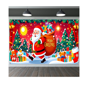 Christmas Party Banner 71x43 Inch Santa Carrying Gift Bag Surrounded by Trees Toys and Presents Decor Holiday Indoor Outdoor Seasonal Party Decoration Banner