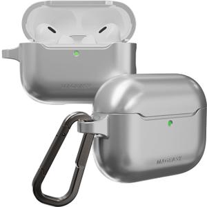 MAGEASY Skin AirPods Pro 3 Case with Metal Carabiner Clip, Shockproof AirPods Pro 3rd Generation Case with MagSafe & Qi Compatible, Secure Lock Lid, Slim Protective Silicone Cover (Cosmic Silver)
