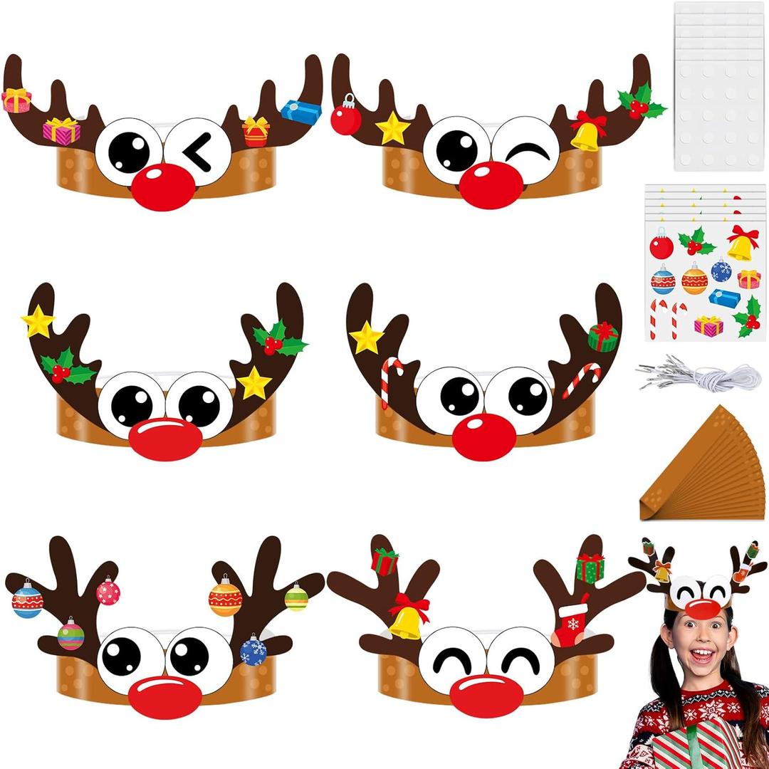 Qyeahkj 24 Sets Christmas Headbands Craft Kits Xmas Reindeer DIY Paper Crown Crafts for Kids Winter Elk Reindeer Eyes Nose and Horn Stickers Holiday Home Classroom Activities Winter Party Favors