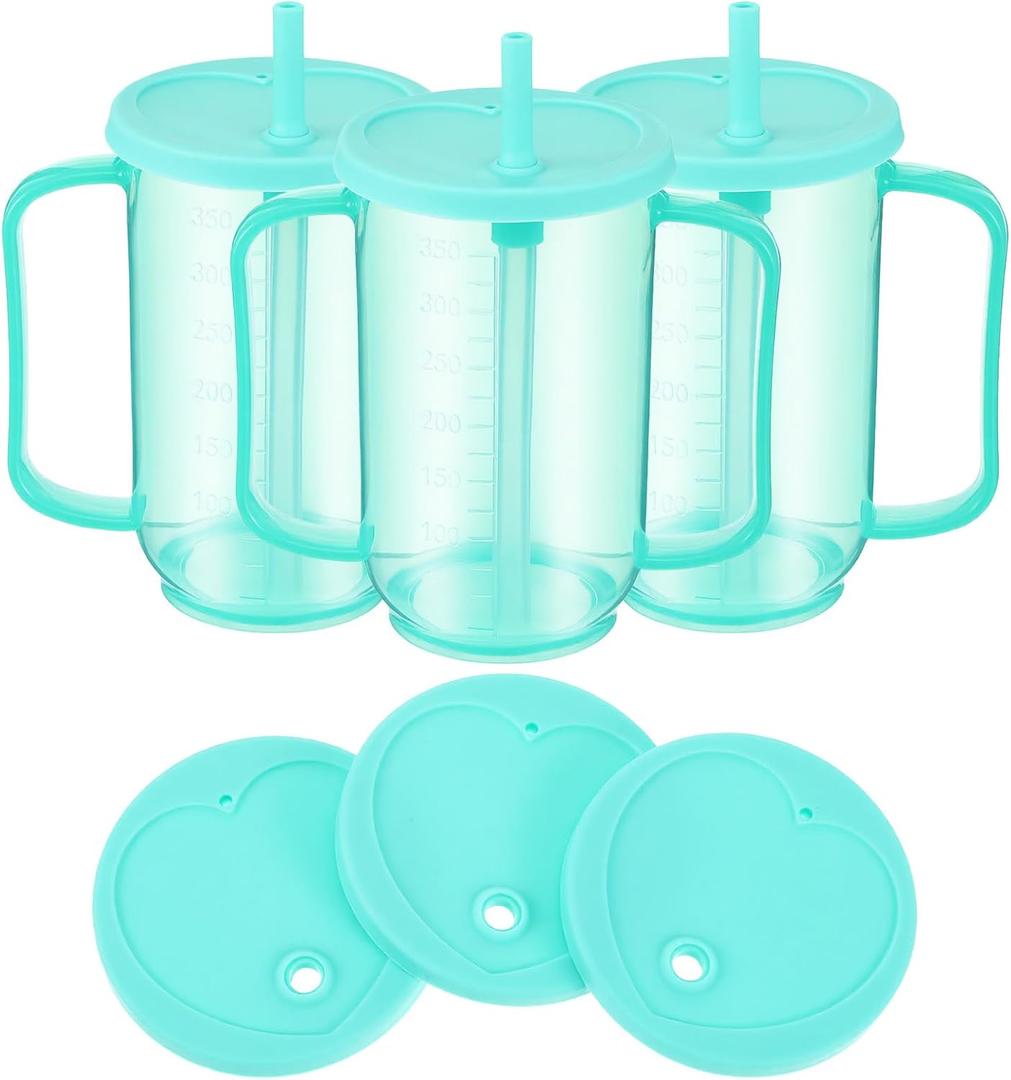 3 Pcs Adult Sippy Cups for Elderly 12 oz Plastic Spill Proof Cups with 2 Handles Staws and Lid for Adults Hospital Disabled Dysphagia Patients (Blue)