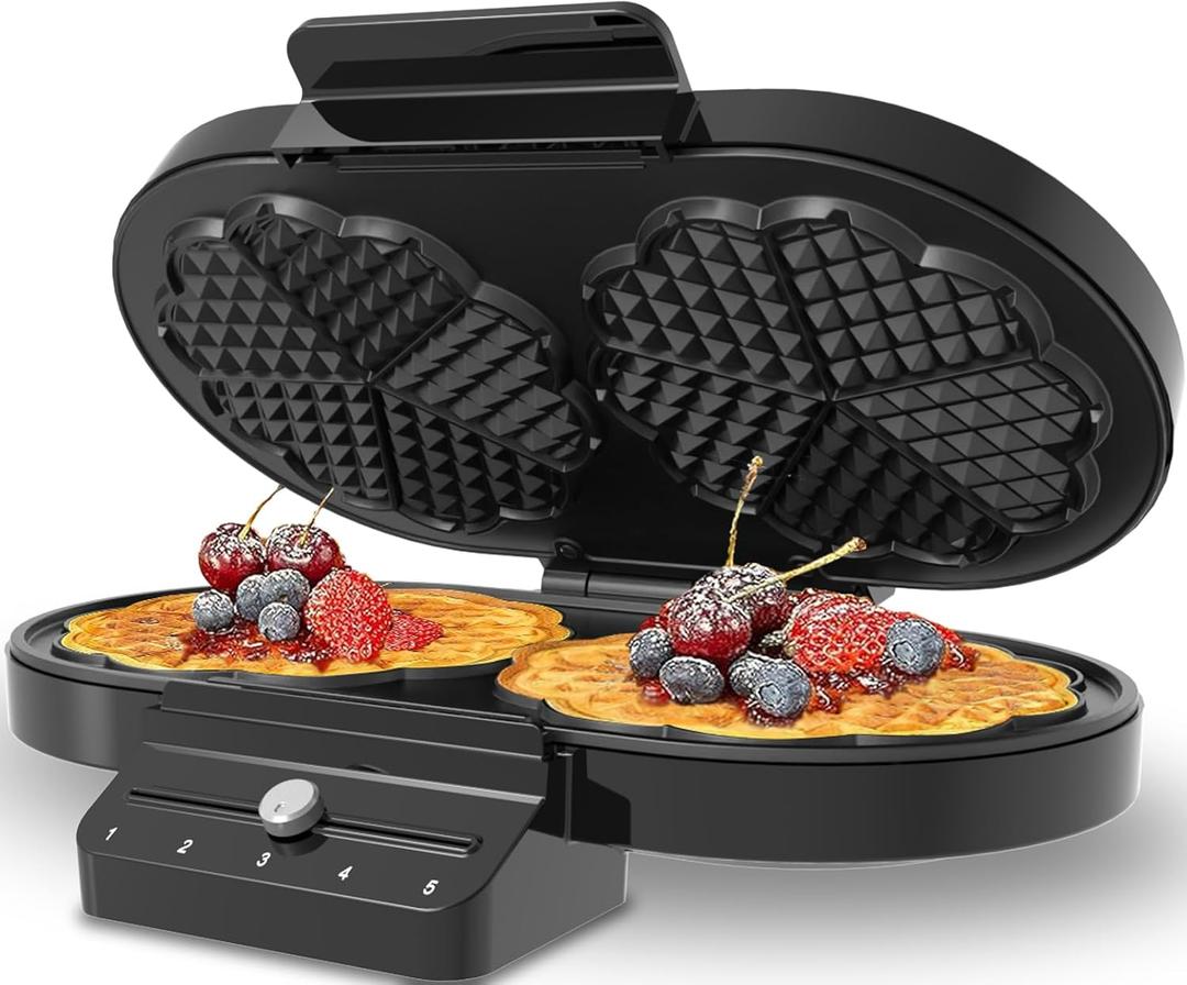 Electric Waffle Maker Heart-Shaped: 2 Non-Stick double-Side Heating Plates with 5-Setting Adjustable Browning Control for Fast Heating - No Flip Design & Compact Storage for Busy Families (BLACK)