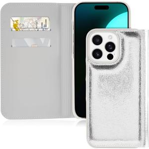 kate spade new york Wallet Folio iPhone 16 Pro Max Case - Compatible with Wireless Charging - Designer Phone Case - Metallic Silver