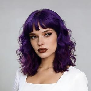 Purple Wig with Bangs Soft Short Bob Wigs for Women Synthetic Shoulder Length Women's Curly Wigs for Cosplay Halloween Costumes Daily (Royal Purple)