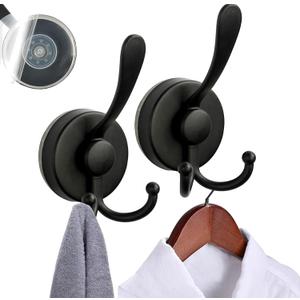 Coat Rack Suction Cup Adhesive for Shower,Bathroom, Kitchen, Glass Door, Mirror, Tile  Loofah, Robe & Towel Hooks for Hanging up to 25 lbs-Waterproof & Rustproof, Matte Black (2-Pack)