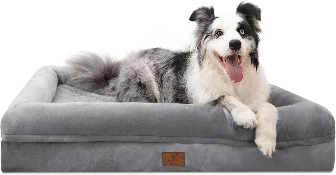 Large Orthopedic Dog Bed for Large Dogs, Waterproof Dog Bed with Removable Washable Cover, 4-Sides Removable Bolster Soft Pet Couch Sofa with Non-Slip Bottom for Big Dogs, Grey