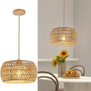 Rattan Pendant Light Fixture Ceiling Bohemian Chandelier Flush Mount Hanging Light 12.99-inch Small Woven Lamp Shade Wooden Base Basket for Kitchen Island Hallway Bedroom Dinning Table (Cream white-Pendant Drum)