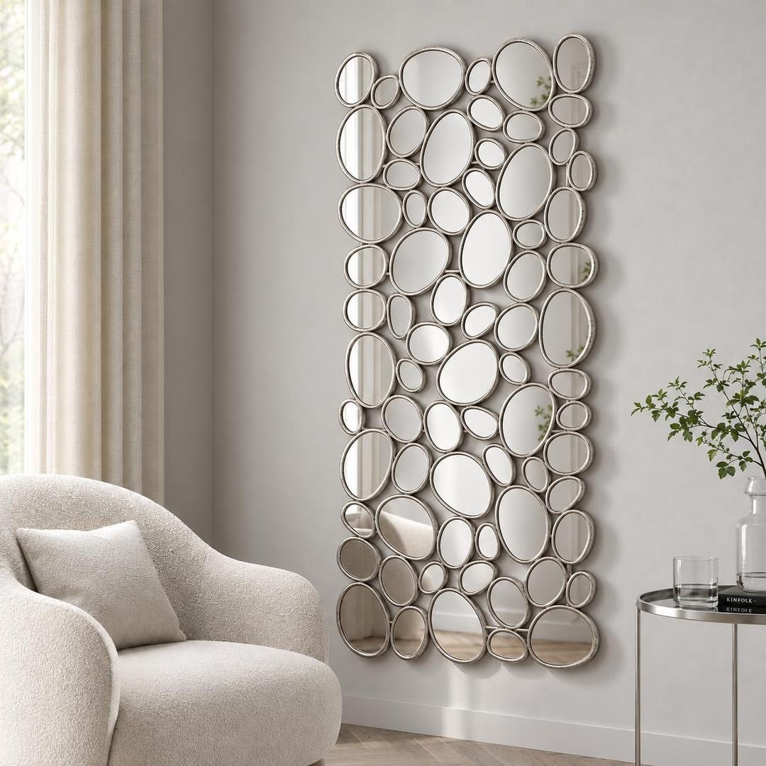 Large Wall Mirrors Decorative - 27.5x55 Inch Silver Living Room Mirrors for Wall Decor, 71 Piece Multi-Size Pebble Design Metal Framed Accent Mirror for Entryway Living Room Home Decor
