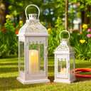 JHY DESIGN 13''&19.5''H Decorative Candle Lanterns Set of 2 Vintage Hanging Lantern Metal Candle Holder for Garden Living Room Indoor Outdoor Parties Weddings Balcony(Beige with Gold Brush)