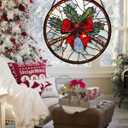 DASTOLL Stained Glass Window Hanging - Pine Branches Red Bow Suncatcher for Doors Home Christmas Decoration Silver Sun Catcher Thanksgiving New Year Birthday Gifts for Women Men Mom Nana 15 in