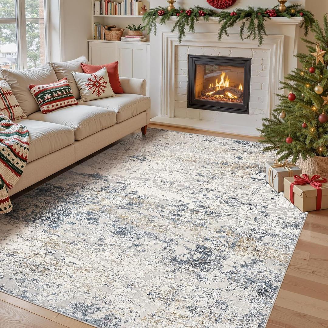 Area Rug Living Room Rugs - 7x9 Large Soft Indoor Neutral Modern Abstract Low Pile Washable Rug Carpet for Bedroom Dining Room Farmhouse Home Office - Beige Blue