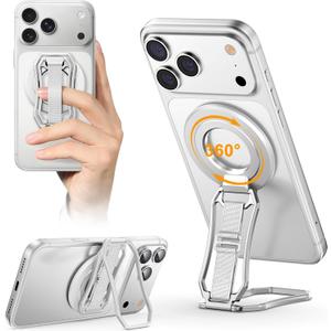 Oerwin for Magsafe Phone Grip Stand, 6-in-1 Magnetic Phone Holder for Magsafe Kickstand, 360 Rotation Phone Ring Holder with Elastic Strap, Compatible with iPhone 17/16/15/14/13/12 Series & Android (Silver)