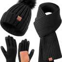 Winter Beanie Hat Scarf Gloves Set for Women, Winter Hats for Women Fleece Lined Warm Thermal, Womens Beanie with Pom Pom Long Scarf Neck Warmer Touchscreen Gloves 3 in 1 Cold Weather Set(A-02) Black