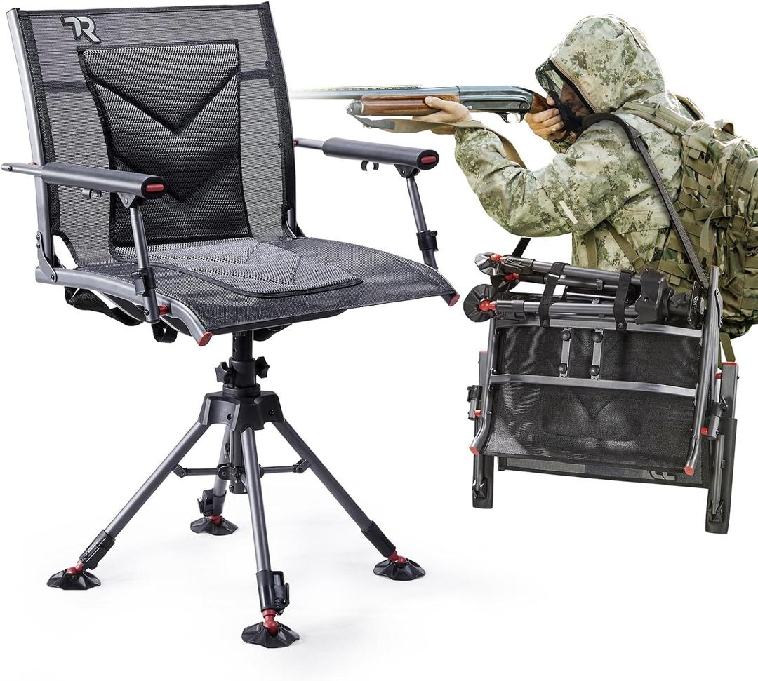 TR 360 Degree Swivel Hunting Blind Chair,400 lbs Capacity Silent,4 Legs and Seat Armrests Height Adjustable,Comfortable Padded Seat,Portable Ground Hunting Chair for Deer Dove Hunting