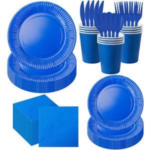 210pcs Blue Plates And Napkins Party Supplies -Plastic Silverware, Paper Cups And Plates.Napkinsdisposable Party Cutlery Set Serves 30