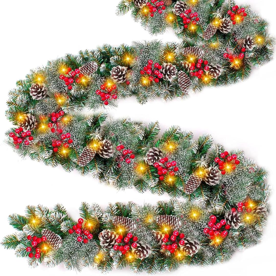 9 Ft Prelit Christmas Garland with Lights 8 Modes Timer 270 Branch's Cedar Snowy Bristle 70 Berry 10 Pinecone Waterproof Battery Operated Christmas Decoration Indoor Outdoor Holiday Decor Mantle Stairs