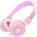 ELECDER i37 Kids Headphones for School Children Girls Boys Teens Foldable Adjustable On Ear Wired Headphones with 3.5mm Jack for Smartphones Chromebook Laptop Computer PC Tablets Travel, Peach/Purple