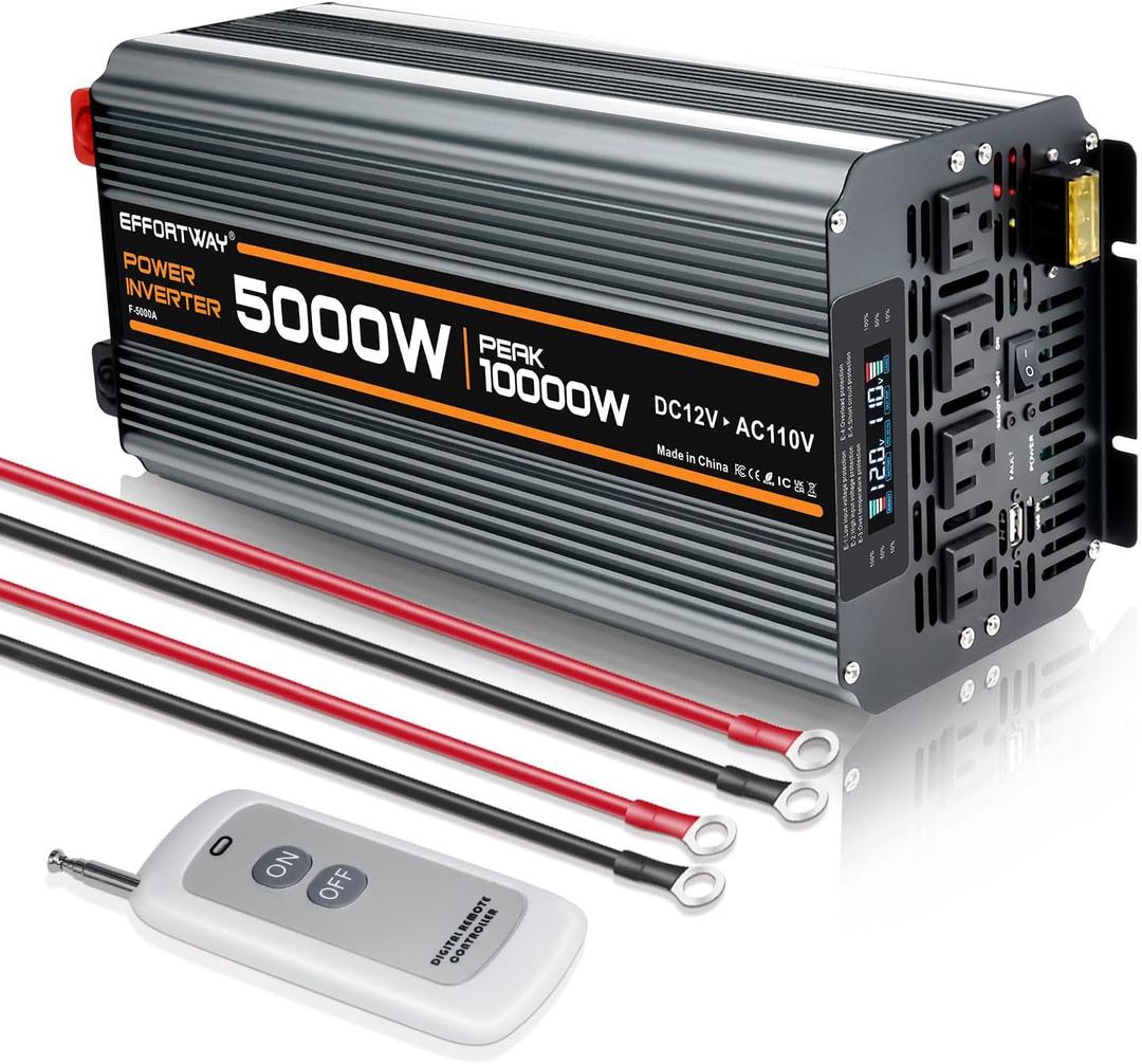 5000 watt Power Inverter DC 12V to AC 110V/120V Converter,10000w Peak.Comes with LCD Display,Wireless Controller, 4AC outlets,1USB.RV Inverter,Suitable for Camping,and Off-Grid Solar Inverter Systems