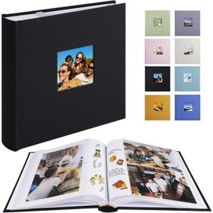 Photo Album with Writing Space 50 Pages 4x6 Photos Hold 200 or 5x7 Pictures Hold 100, Linen Cover Small Photo Book Albums with Memo for Anniversary Wedding Baby (Black)