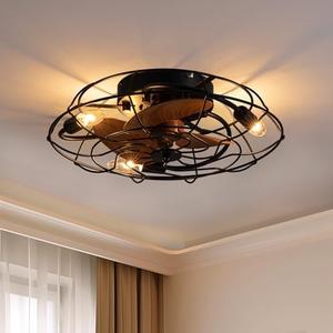 Caged Ceiling Fan with Light, 18.1” Black Ceiling Fans with Lights, 6 Wind Speeds Small Farmhouse Enclosed Flush Mount Ceiling Fan with Lights for Bedroom, Living Room, Kitchen, Dinning Room