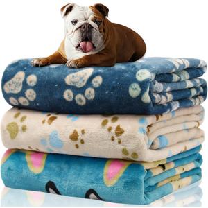 Rezutan Dog Blanket for Medium Dogs, 1 Pack 3 Premium Soft Cat Puppy Blankets, 30x20 inch, Flannel Cute Paw Print for Small Kitten Kennel Crate Bed, Blue/Beige/Navy Blue