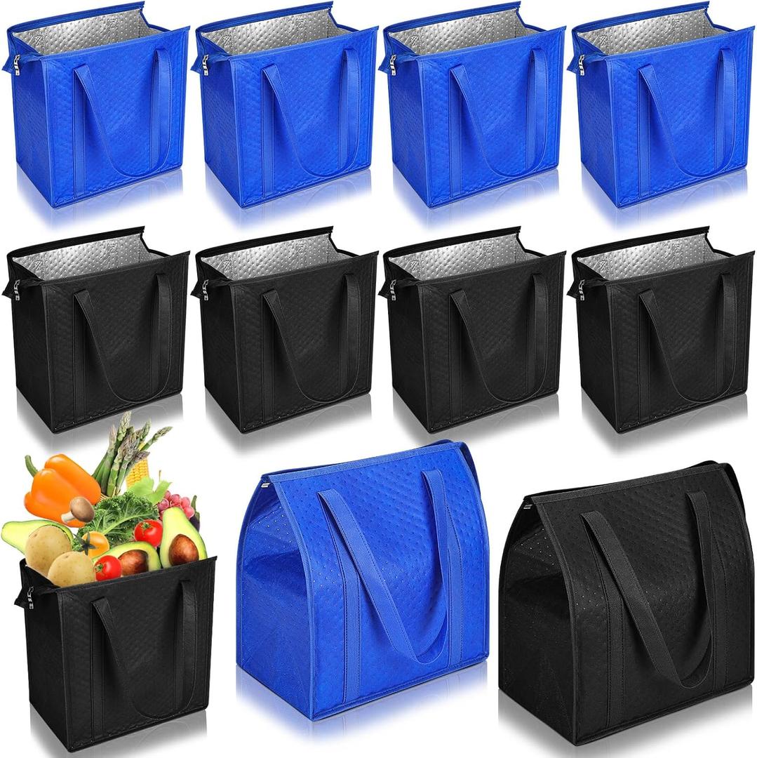 10 Pack Large Insulated Grocery Bags Reusable Shopping Bags with Zippered Top 13 x 12 x 7 Inch Thermal Cooler Totes Bulk with Handles for Hot Cold Food Delivery Refrigerator (Blue and Black), approx. 13 x 12 x 7 inches/ 33 x 30.5 x 18 cm