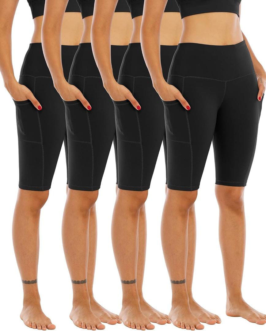 WHOUARE 4 Pack Biker Yoga Shorts with Pockets for Women,High Waisted Athletic Running Workout Gym Shorts Tummy Control (Black, XXXL)