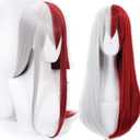 ANOGOL Hair Cap+Silver Half Red Long Wavy Cosplay Wig With Bangs for Women Anime Costume Cosplay Synthetic Wig for Halloween Costume Party