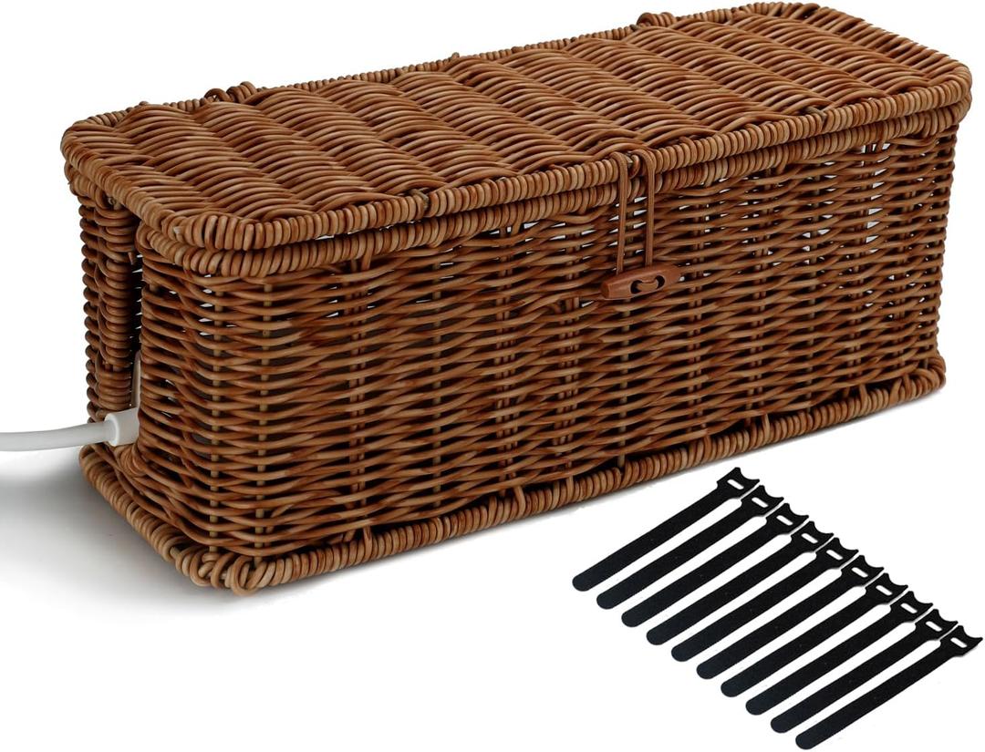 Cable Management Box, Desk Handwoven Rattan Cord Hider Cable Organizer Box With Lid Button Lock, Power Strip Cover Wicker Decorative Basket, Floor Wire Hiding Extension Cord Box (dark brown)