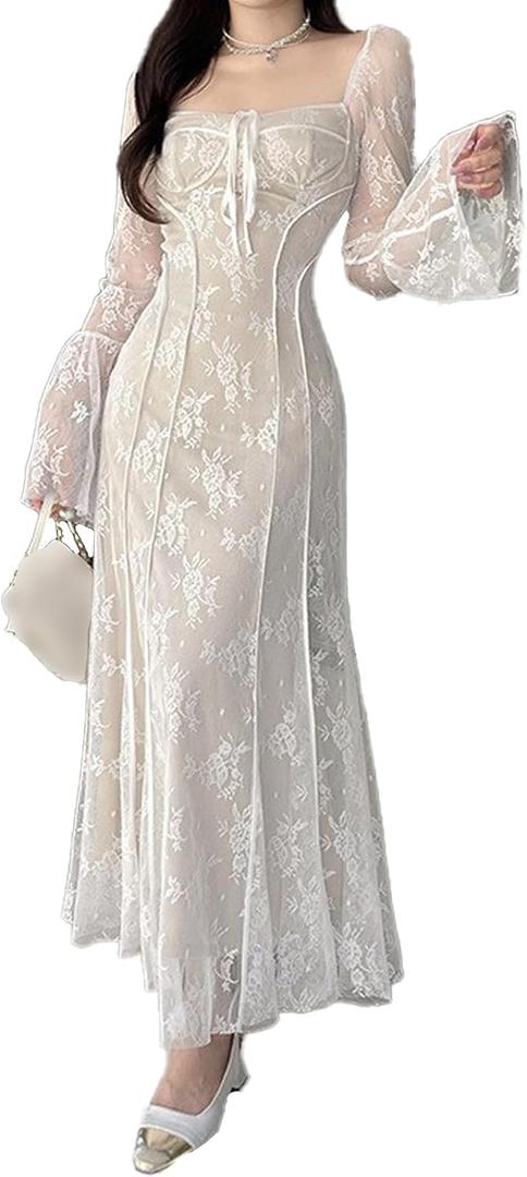 xxxiticat Women's Floral Lace Maxi Dress Long Sleeve Square Neck Flower Print Swing Hem Layered White Fairy Long Dress (Beige, L)