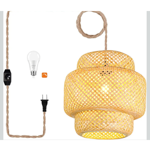 Plug in Pendant Light Rattan Hanging Lights with Plug in Cord Bamboo Hanging Lamp Dimmable,Handmade Woven Boho Wicker Basket Lamp Shade,Plug in Ceiling Light Fixture for Living Room Bedroom Kitchen