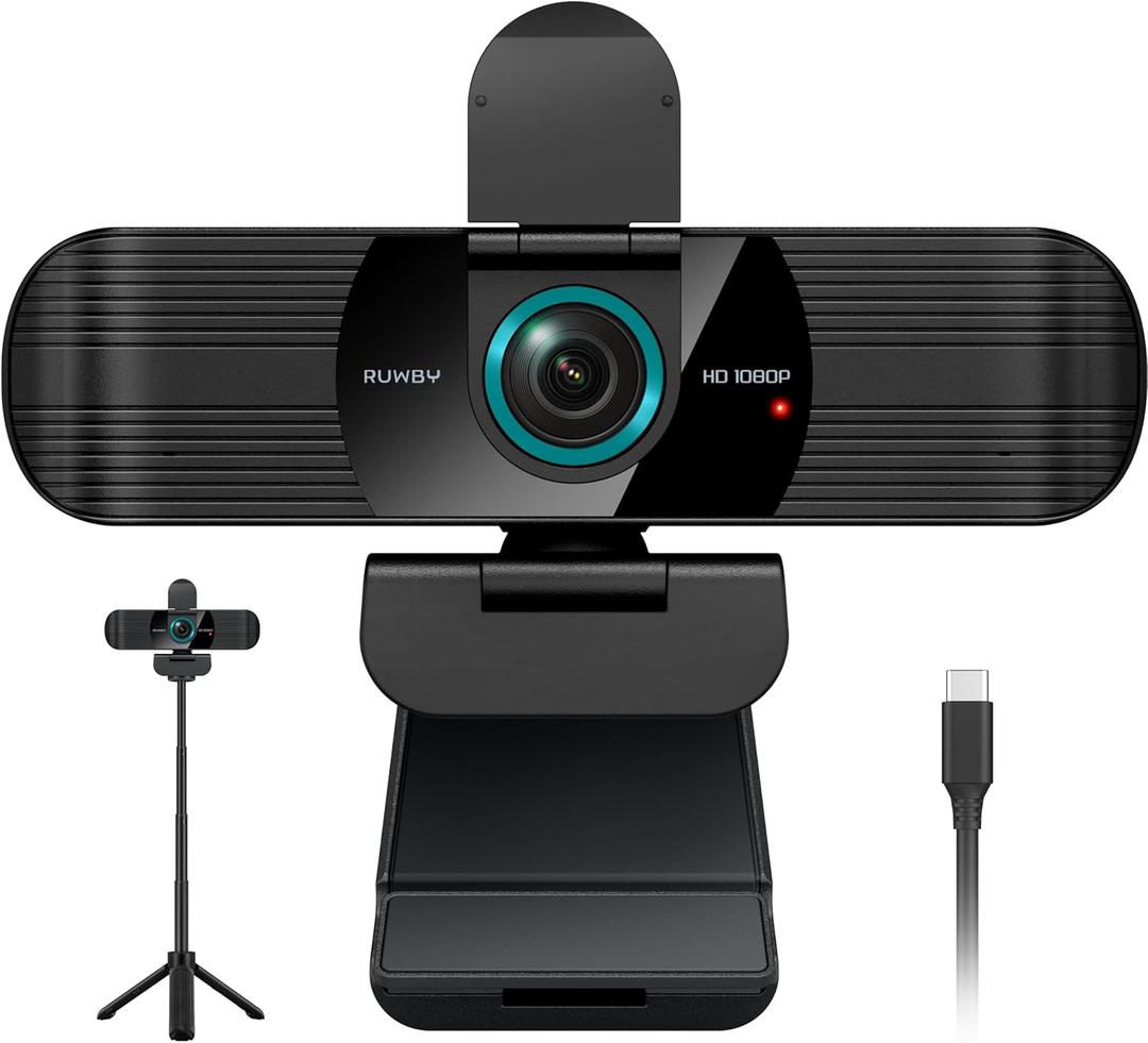 RUWBY Full HD 1080P Webcam with Built-in Dual Mics, Wide-Angle Lens, Privacy Cover, Tripod Stand, Autofocus PC Camera, Plug and Play for Desktop Computer or Laptop