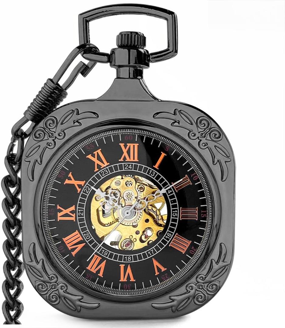 VIGOROSO Vintage Pocket Watch with Chain Mechanical Pocket Watches for Men | Classic steampunk skeleton pocket watches, Open face hand wind up analog pocketwatch with Roman No. dial, Gifts for women men