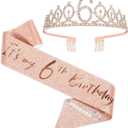 BRT Bearingshui 6th Birthday Sash and Tiara for Girls, Rose Gold Birthday Sash, Tiara & Cake Topper Set