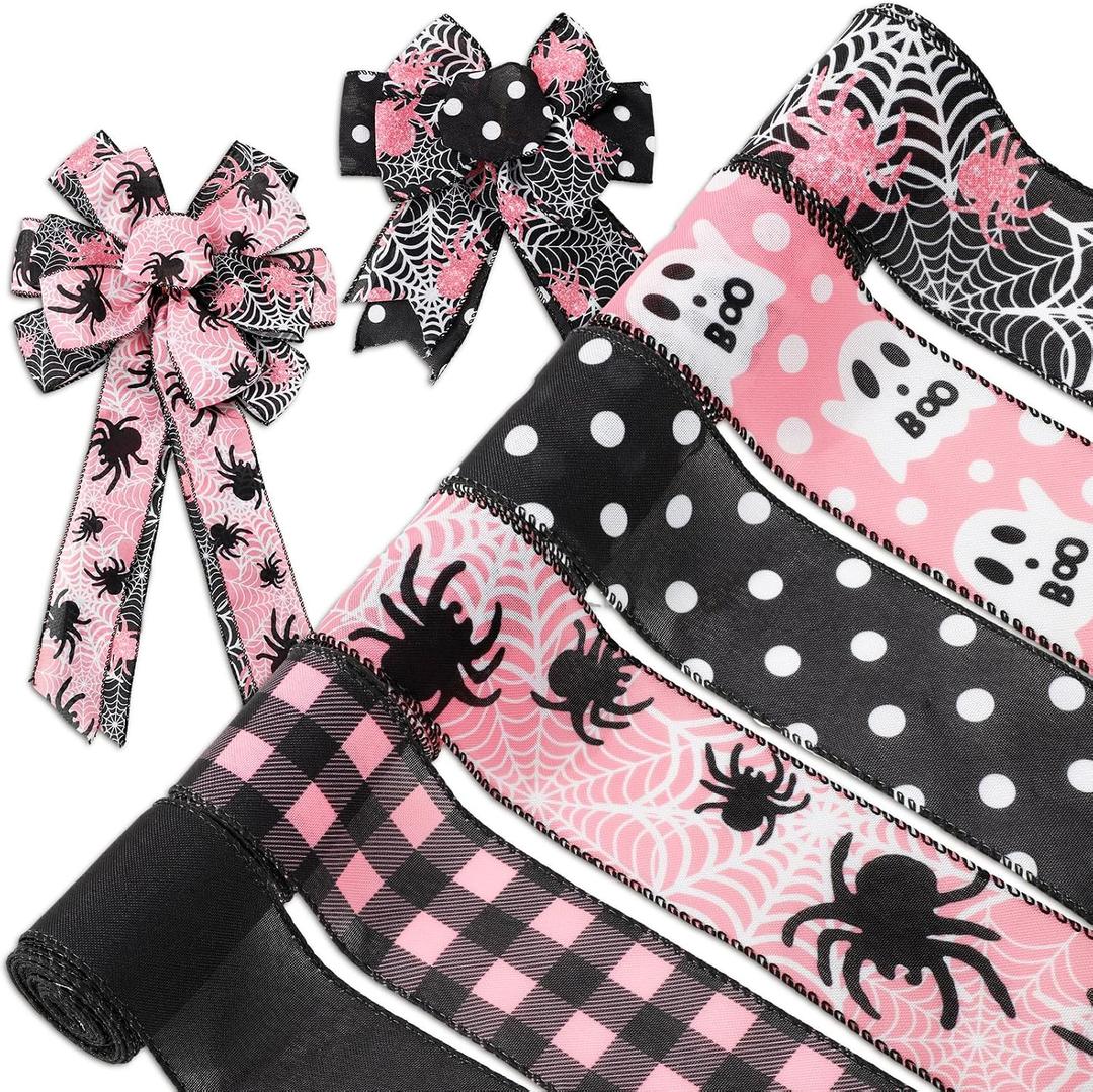 Whaline 6 Roll Halloween Wired Edge Ribbon Ghost Boo Spider Web Ribbon Pink Black Fabric Ribbons for Wreath Bow Making DIY Crafts Wrapping, 30 Yard